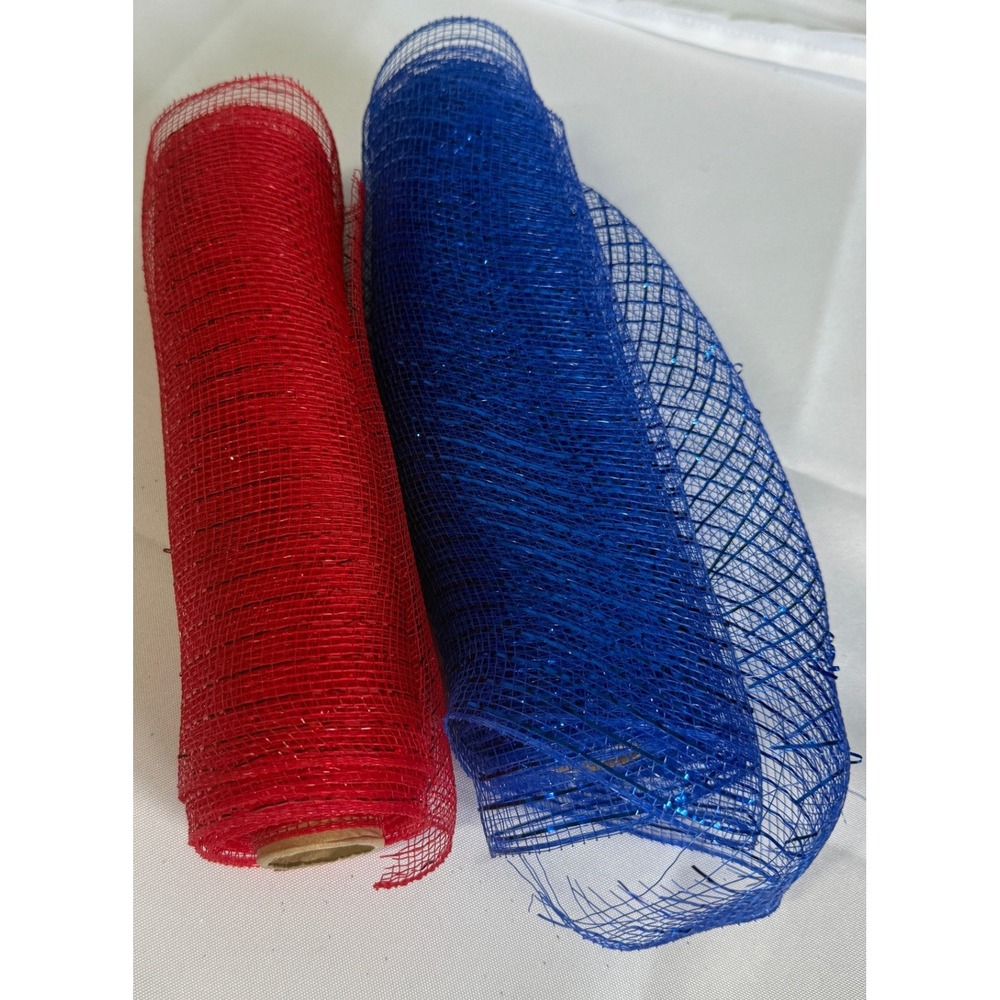 Lot of 2 Deco Mesh Rolls Red Blue Glitter Wreath Making Supplies Crafting DYI